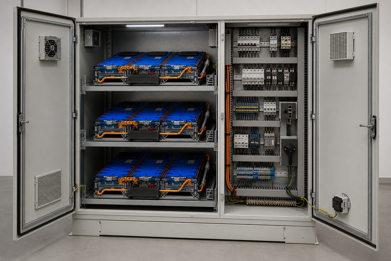 Open BESS container with battery modules and electrical controls